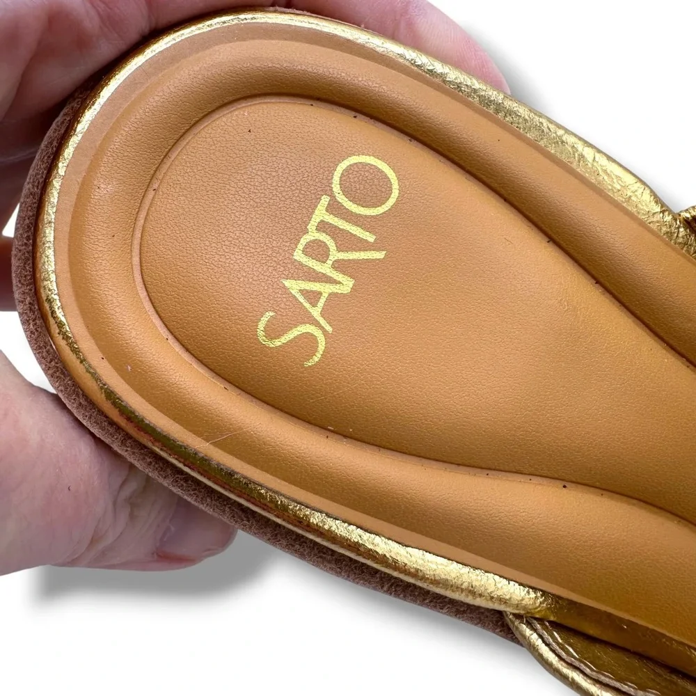 Sarto by Franco Sarto Ferrara2 Gold‎ Metallic Espadrille Block Heel Sandals 8.5M